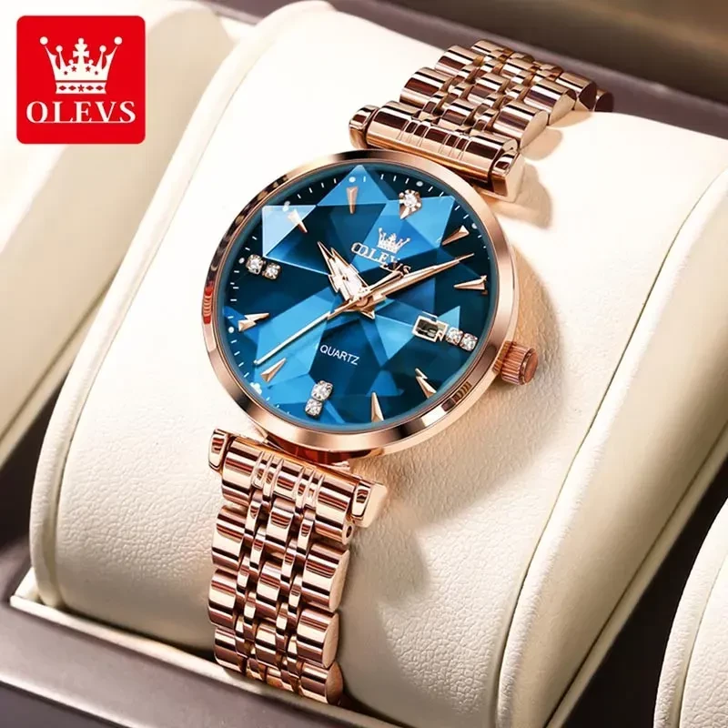 Olevs Luxury Blue Diamond Dial Rose Gold Ladies Watch | 5536